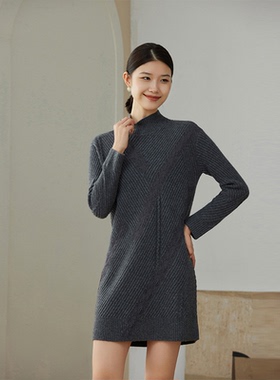 羊毛羊绒半高领加厚中长款宽松针织打底毛衣连衣裙42220 现货