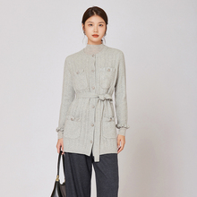 2025春季新款立体绞花绵羊毛灰色针织开衫上衣女 4568C