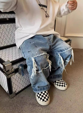 男童裤子春夏薄款棉宝宝宽松直筒帅气蓝色破洞补丁儿童牛仔裤