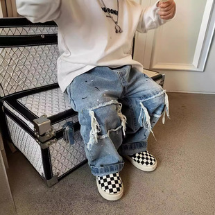 男童裤子春夏薄款棉宝宝宽松直筒帅气蓝色破洞补丁儿童牛仔裤