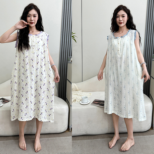 过膝无袖 棉纱睡衣女200斤宽松花边圆领家居服 背心睡裙夏季 特大码