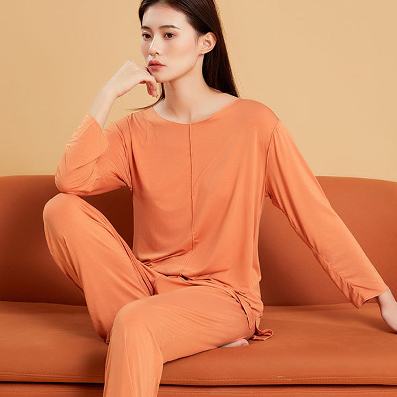 抗菌莫代尔长袖睡衣女士夏秋季薄款宽松纯色圆领韩版可外穿家居服