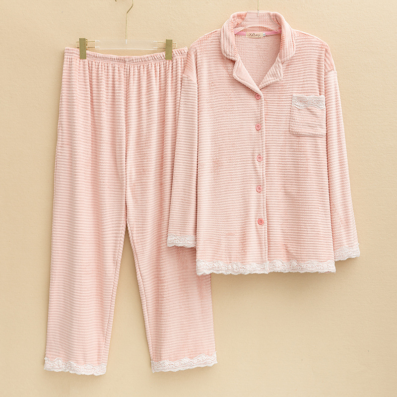 蕾丝边海岛绒长袖睡衣女士