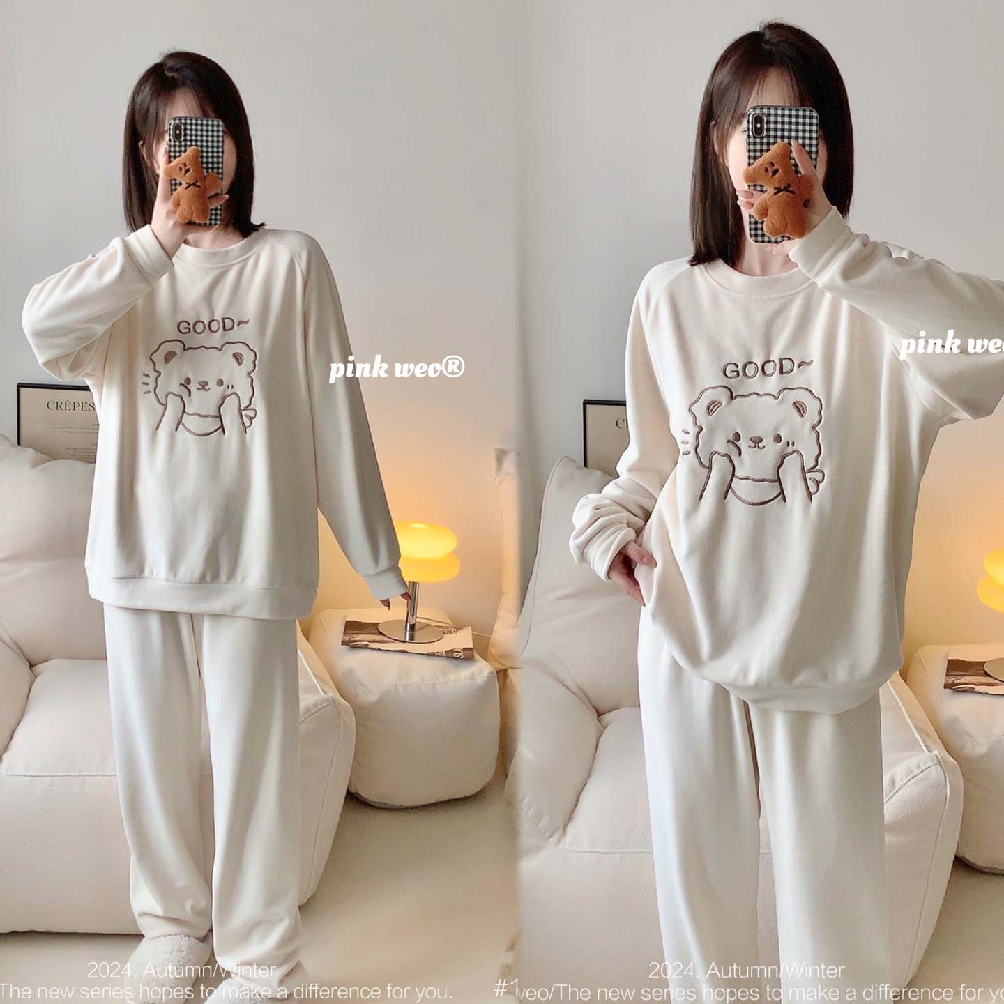 春秋冬季运动风天鹅绒睡衣女士可外穿薄绒家居服套装可爱卡通小熊