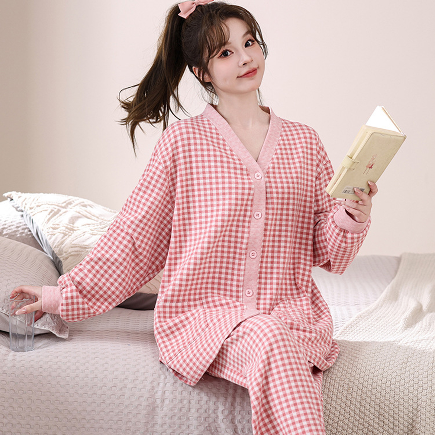 田园风格子女士特大码睡衣春秋冬季中年胖妈妈宽松纯棉长袖家居服