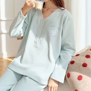 产妇哺乳衣孕妇睡衣套装 月子服秋冬季 加绒加厚德绒桑蚕丝产后大码