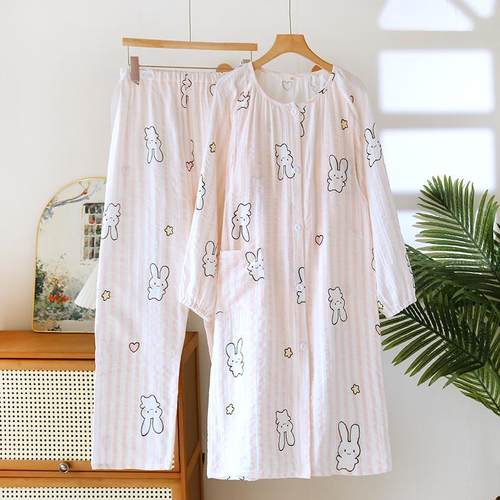 孕妇待产裙春秋月子服纯棉产后棉纱长款家居服哺乳睡裙产妇两件套