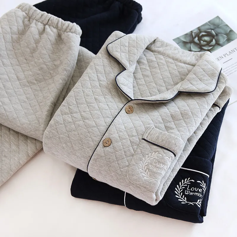 秋冬男士加厚空气层夹棉睡衣套装纯棉无印休闲长袖三层加厚家居服