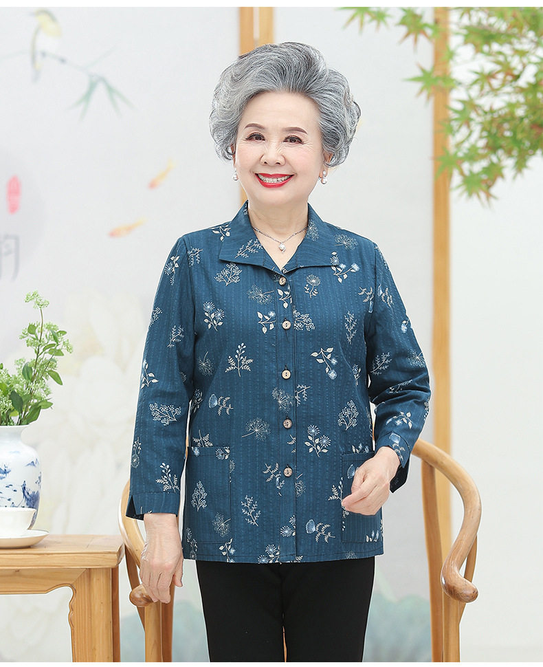 中老年春秋装女老人薄款衬衫奶奶长袖上衣老太太妈妈春秋碎花衬衣