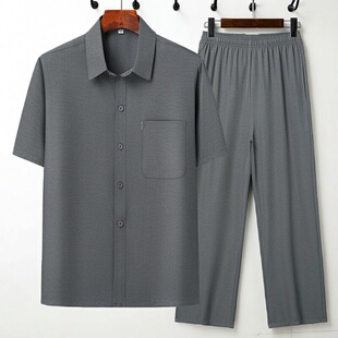 中老年男款短袖的确良衬衫老人宽松透气汗衫爷爷休闲爸爸装夏衣服
