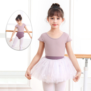 儿童舞蹈服拼色烫钻锦纶公主裙夏季女童考级体操服短袖芭蕾舞民族