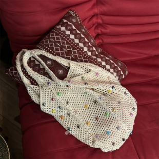 镂空仙女米色网纱珠珠手工编织大容量托特包 夏日一定是去海边啦