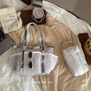 下水日记～简约黑白配搭干湿分离女生游泳包大容量多口袋手提袋