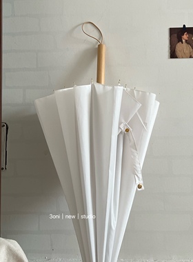 游西湖去吧～3oni家日系简约白色长伞 仙气拍照出片木柄长柄雨伞