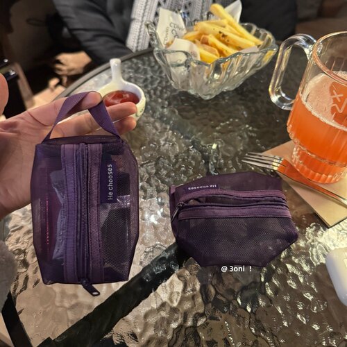 迷你网纱小提袋！质感紫色加厚可视口红身份证银行卡随身收纳包