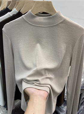 磨毛加绒立领打底衫女长袖棉T恤2026冬新款半高领百搭内搭上衣春