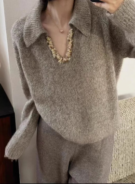 2025新年新款红色v领宽松毛衣慵懒长袖针织衫感套头冬季外搭上衣