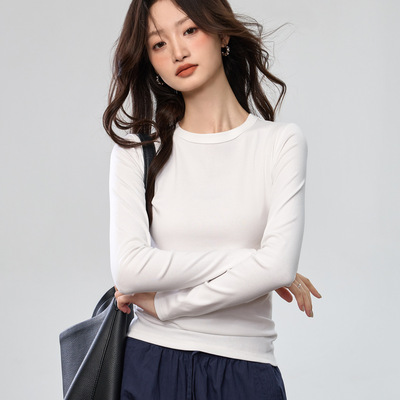 精梳纯棉明线圆领长袖T恤女春秋