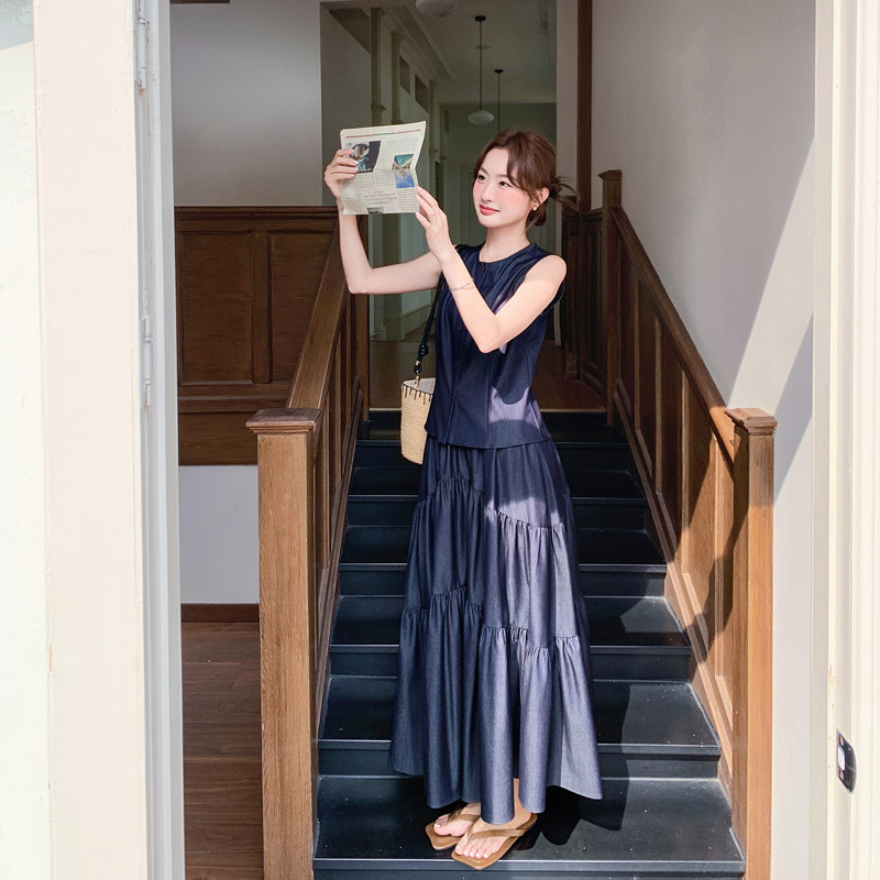 【新款】法式深蓝色无袖长款收腰两件套2B063-6196-P175-K288，女装连衣裙，浙宝005