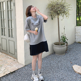 灰色拼接T恤裙连衣裙女夏2024新款学院风休闲宽松百褶小个子减龄，女装连衣裙，浙宝005