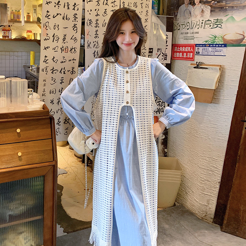 蓝色韩系连衣裙春秋女2025新款高级感叠穿蕾丝罩衫裙,女装连衣裙,浙宝005