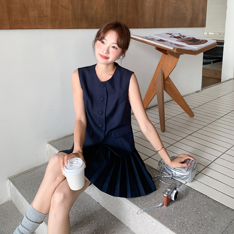 【新款】藏青色学院风西装马甲百褶裙两件套 522-P175-K288图片