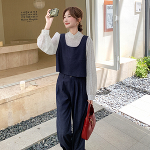 韩系chic套装女2025秋新款高级感显瘦背心波点打底衫阔腿裤三件套