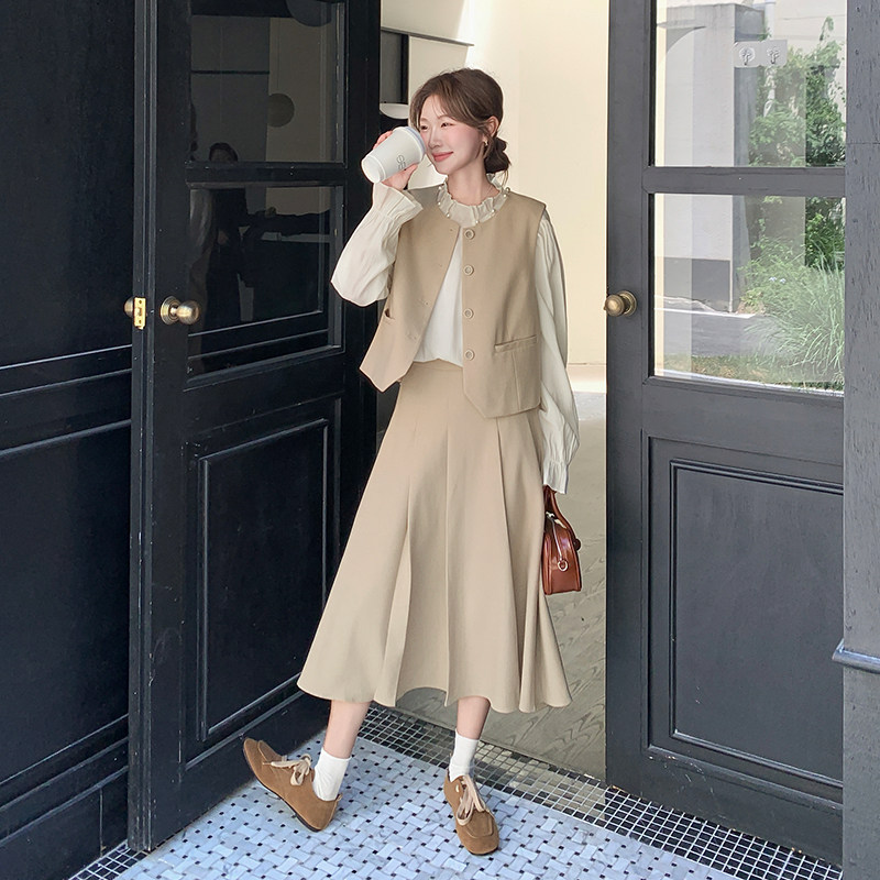 【大货出】秋季新款卡其色小香风马甲套装三件套6066-P185-K258,女装连衣裙,浙宝005