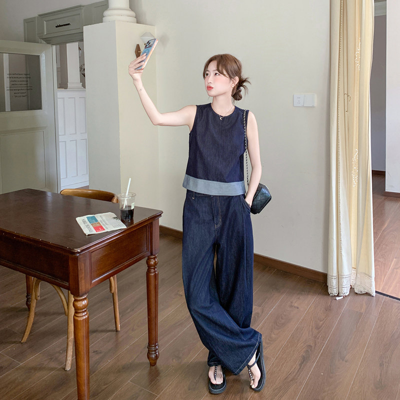 【新款】撞色牛仔背心阔腿裤夏季两件套2B063-6193-P175-K288，女装套装/套裙，浙宝005