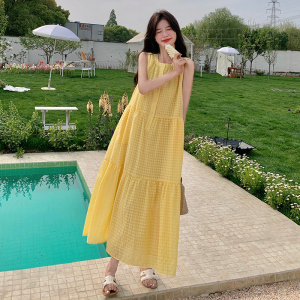 黄色格纹无袖背心连衣裙女2025夏新款温柔风小清新减龄肌理感长裙图片