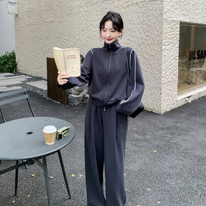 深灰色休闲卫衣女2025春季新款韩系学院风小个子阔腿裤图片