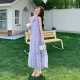 【新款】度假风紫色挂脖连衣裙无袖印花A字长裙523-P145-K238，女装连衣裙，浙宝005