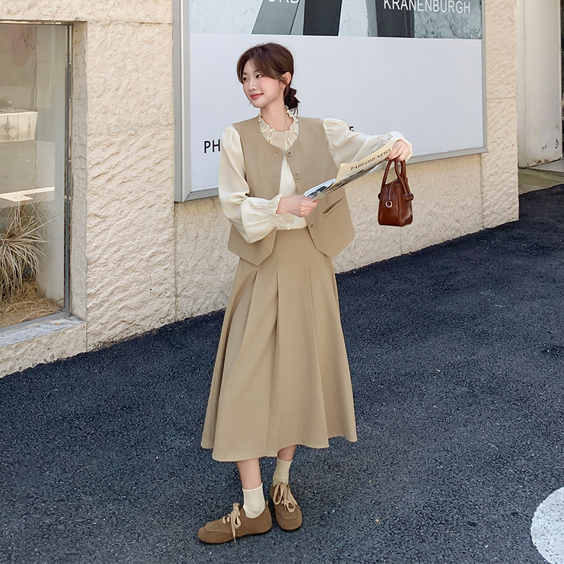 【大货出】秋季新款卡其色小香风马甲套装三件套6066-P185-K258,女装连衣裙,浙宝005