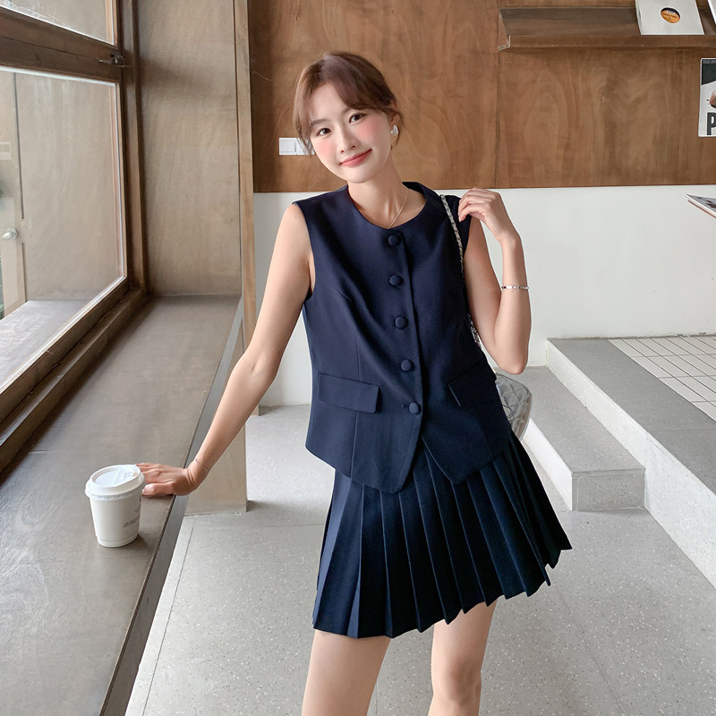 【新款】藏青色学院风西装马甲百褶裙两件套522-P175-K288,商品下架区,浙宝005