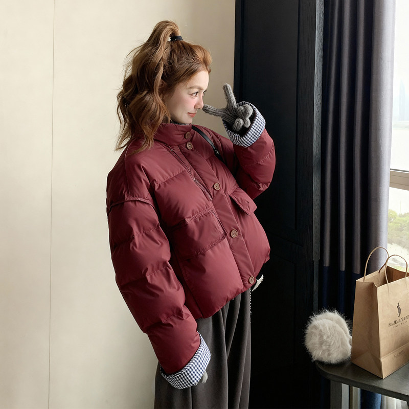 【新款现货】立领格子拼接羽绒服短外套005-6117-P255-K378,女装羽绒服,浙宝005