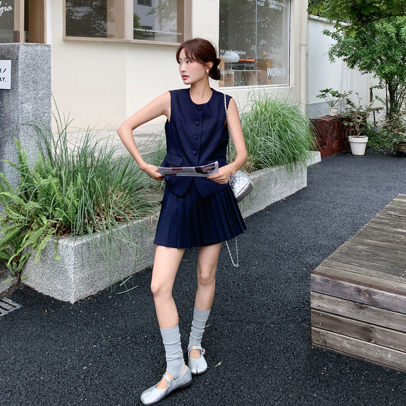 【新款】藏青色学院风西装马甲百褶裙两件套522-P175-K288,商品下架区,浙宝005