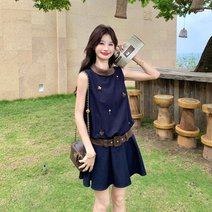 【新款已出货】复古无袖连衣裙女夏钉珠收腰A字短裙506-P165-K268图片