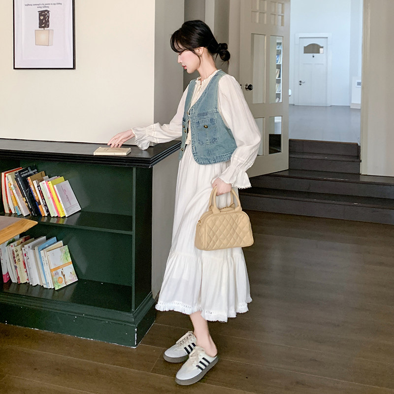 牛仔马甲白色连衣裙女春季2025超火独特漂亮高级感长裙,女装连衣裙,浙宝005