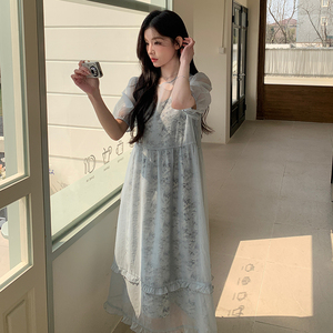 灰色法式连衣裙套装女2025夏季新款网纱长裙内搭碎花吊带裙两件套图片