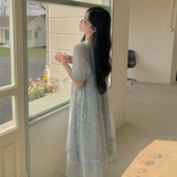 灰色法式连衣裙套装女2025夏季新款网纱长裙内搭碎花吊带裙两件套，女装连衣裙，浙宝005