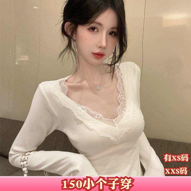秋装女装加小码XXS矮个子150cm显高V领蕾丝边打底衫长袖上衣百搭