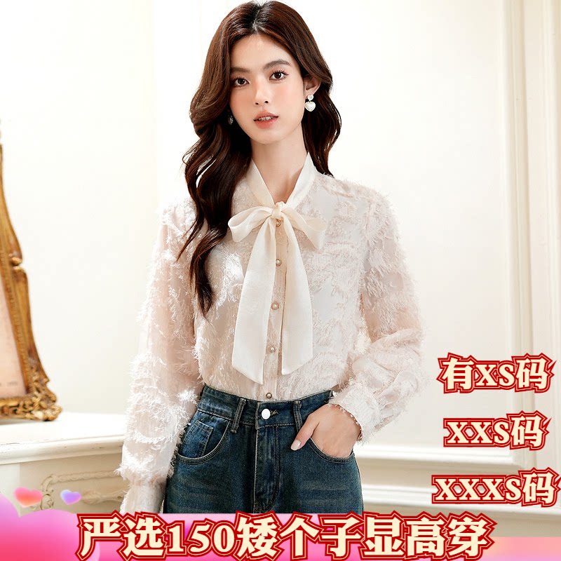 小个子150cm显高春季女装加小码XXXS蝴蝶结飘带衬衫女长袖雪纺衫