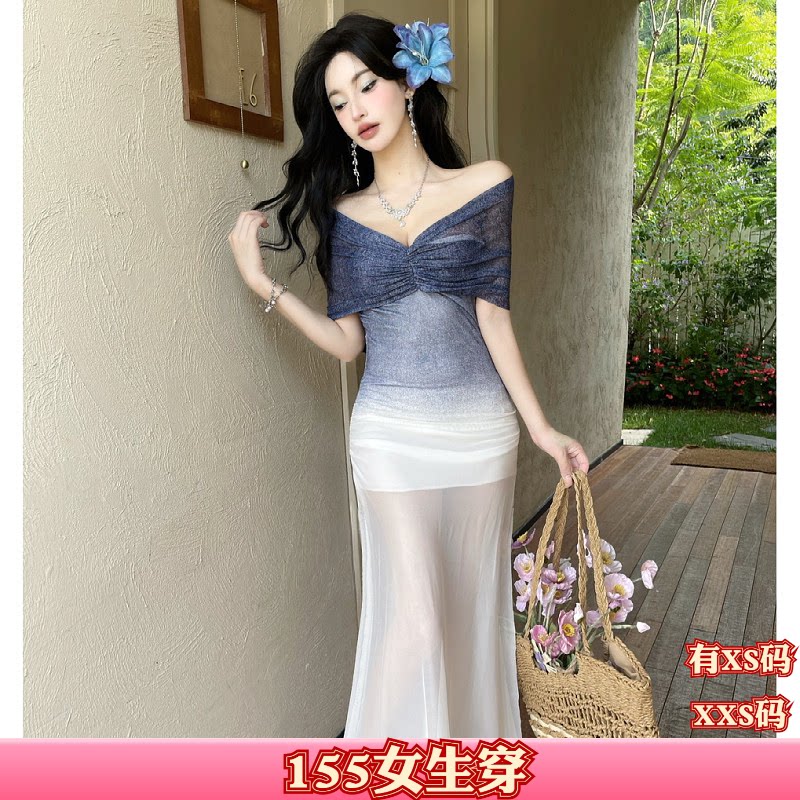小个子秋季155搭配显高女装加小码XXS一字肩收褶网纱裙收腰连衣裙