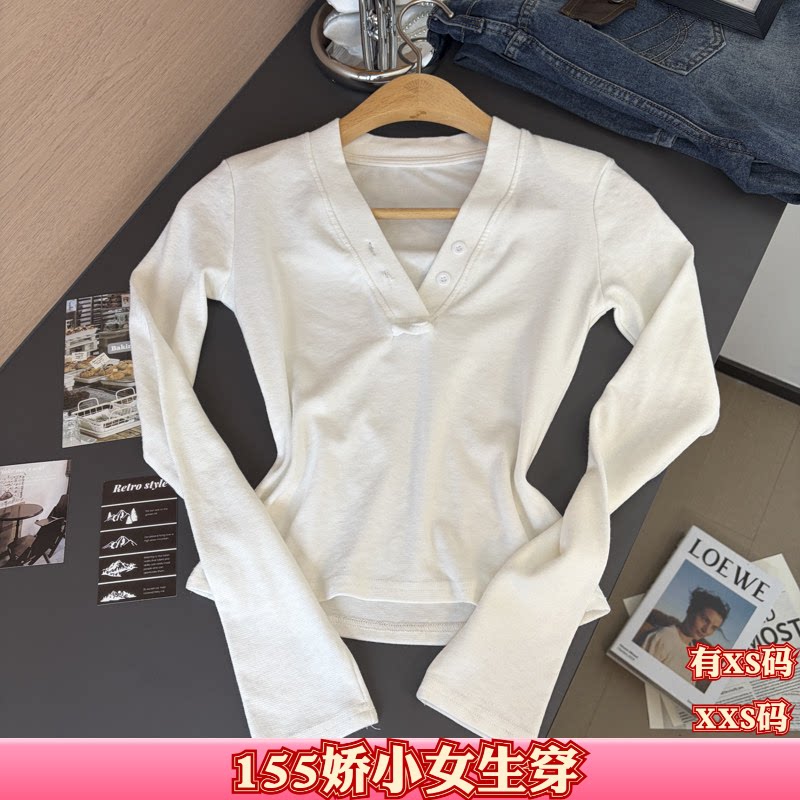155cm秋季矮个子小个子XXS女装150纯色V领长袖T恤配条纹领带上衣