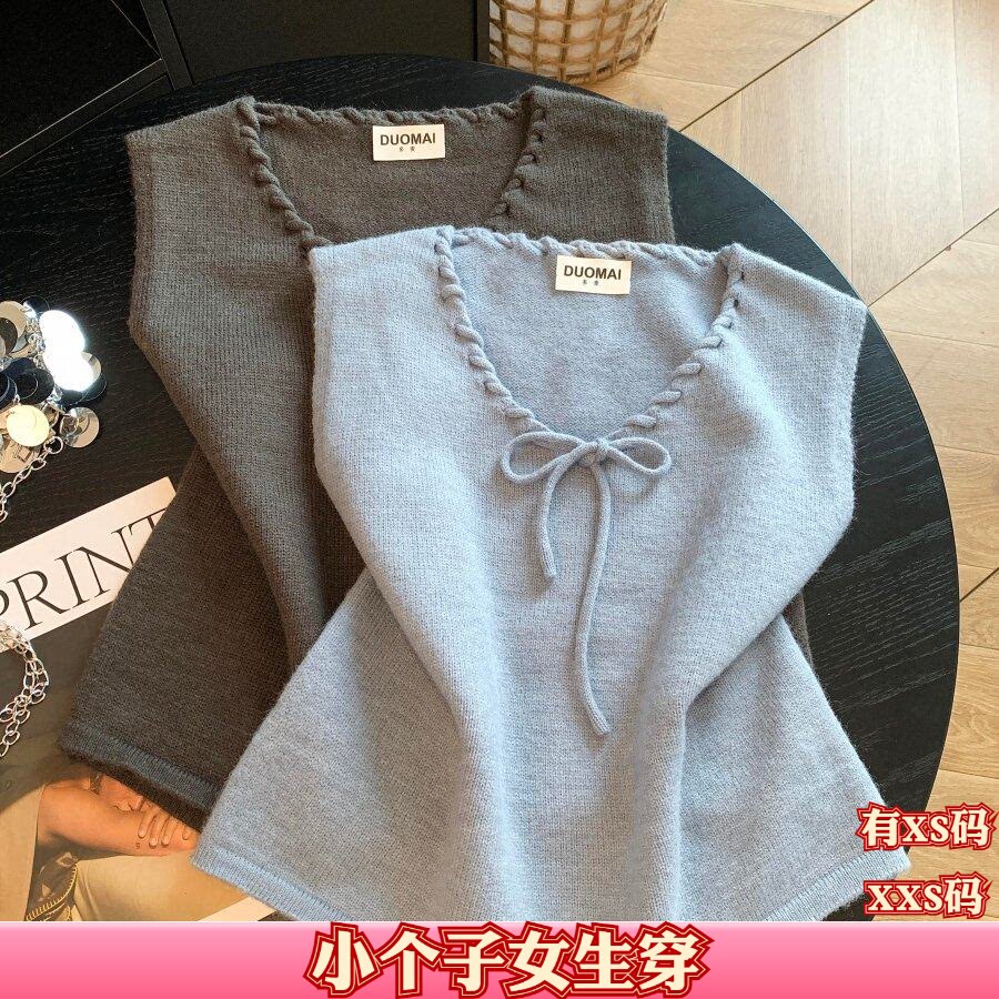 小个子女装秋装150cm新款加小码XXS纯色针织无袖马甲系带上衣背心