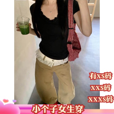 女装加小码XXXS夏装小个子150cm显高木耳边v领短袖T恤纯欲风紧身