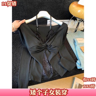 加小码XXS秋季矮个子女装150cm新款挂脖v领蕾丝长袖t恤上衣