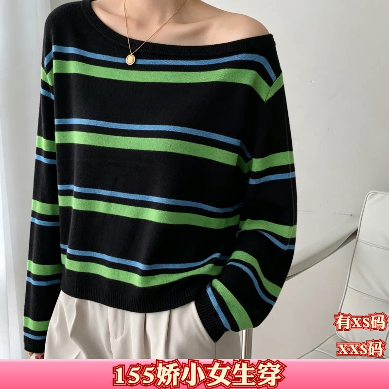 矮个子150cm显高秋装加小码XXS女装斜领露肩条纹长袖T恤打底衫女