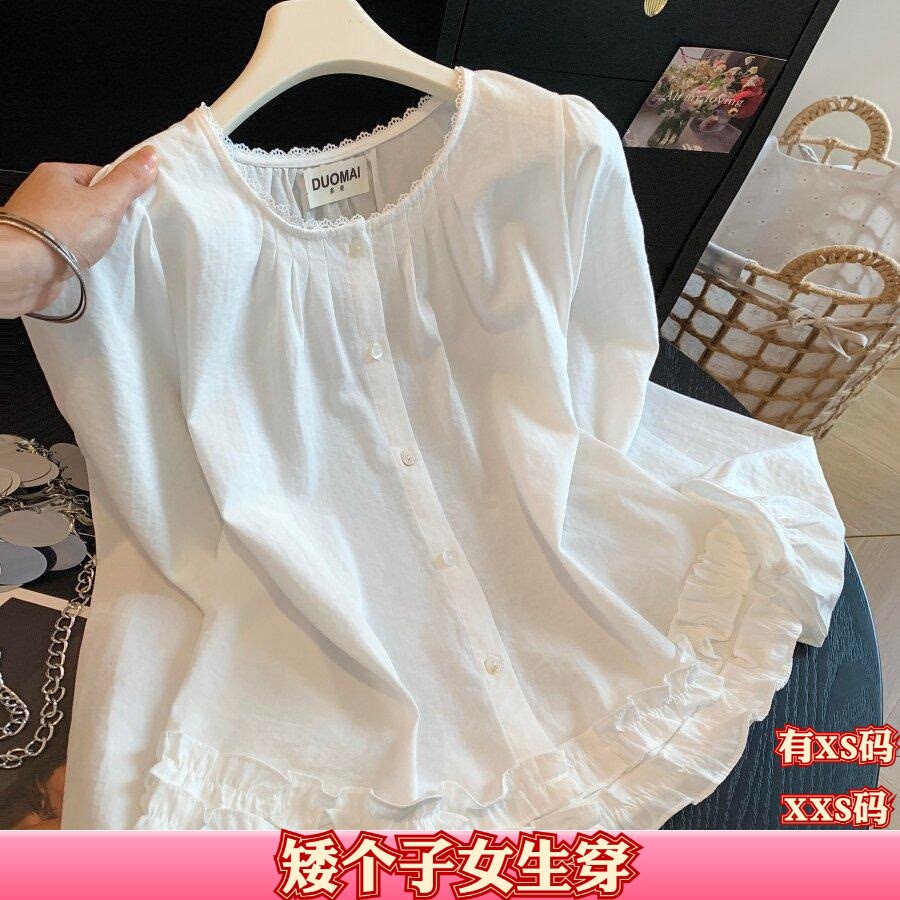 秋装加小码女装150cm小个子XXS显高蕾丝花边衬衫单排扣木耳边下摆