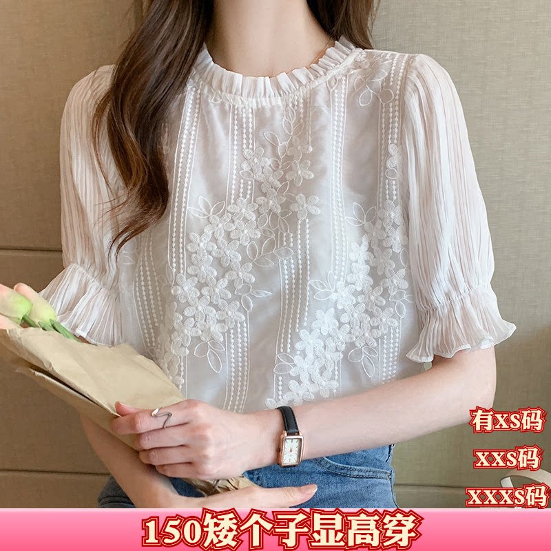 夏装加小码XXS矮个子150cm显高女装2026喇叭袖短袖雪纺衫女甜美